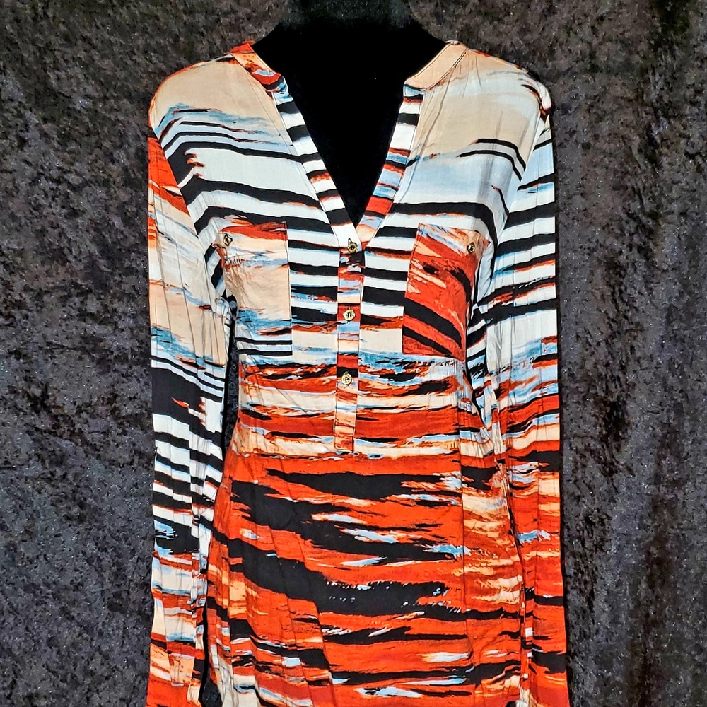 Calvin Klein Orange Black Long Sleeve V-Neck Dress